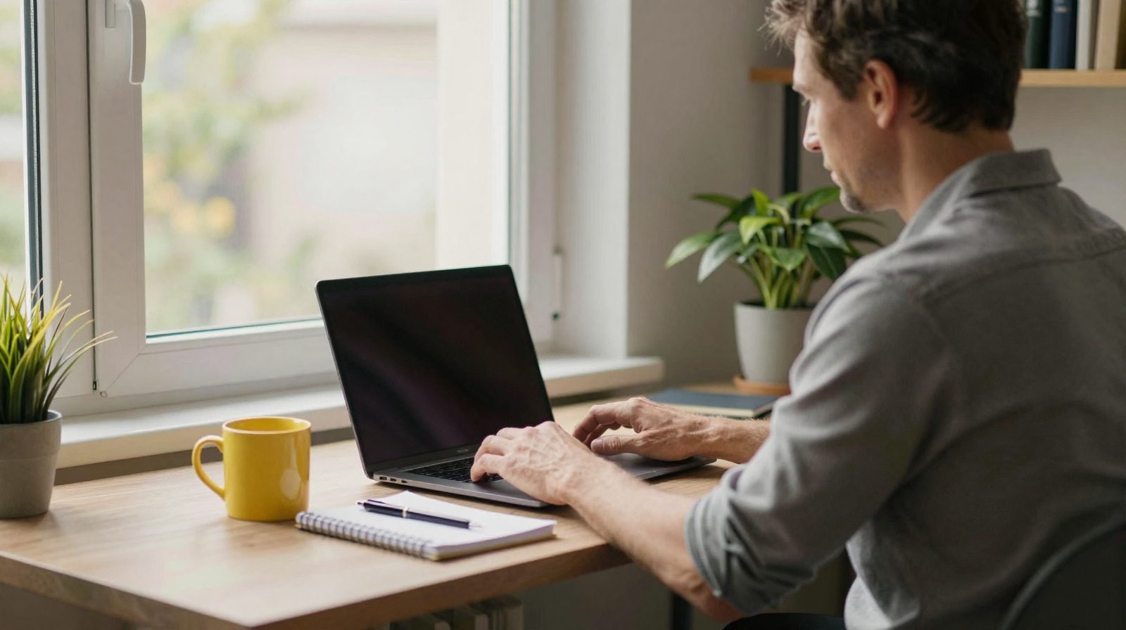 Selbstständiger am Schreibtisch am Fenster, tippt auf dem Laptop, daneben eine gelbe Tasse und ein Notizblock